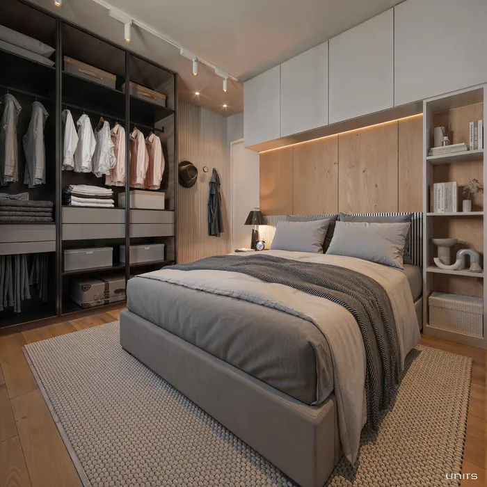 Quarto de casal do apartamento decorado, perspectiva ilustrada