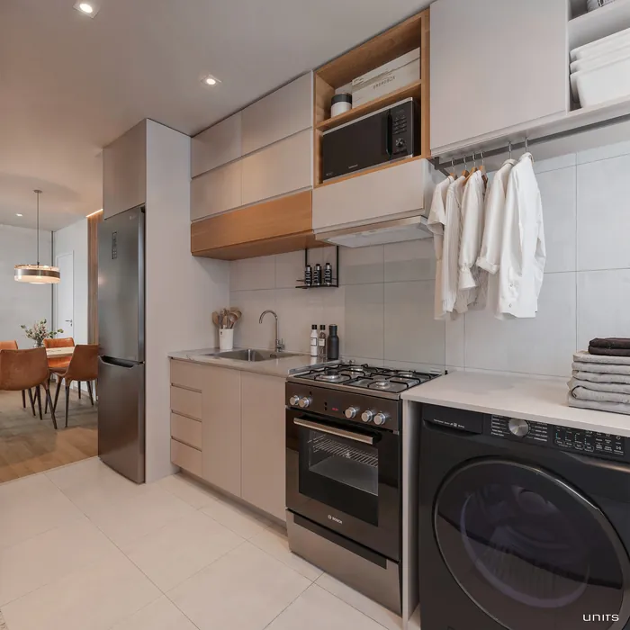 Cozinha do apartamento decorado, perspectiva ilustrada