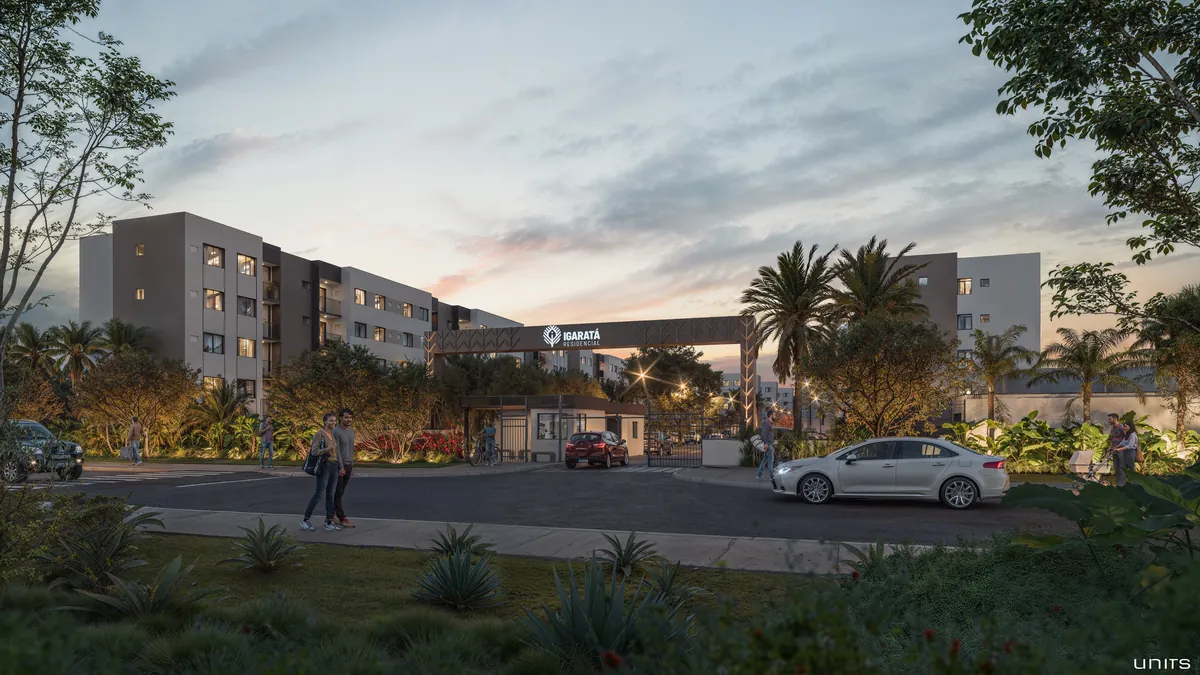 Entrada do Residencial Igaratá ao entardecer, perspectiva ilustrada