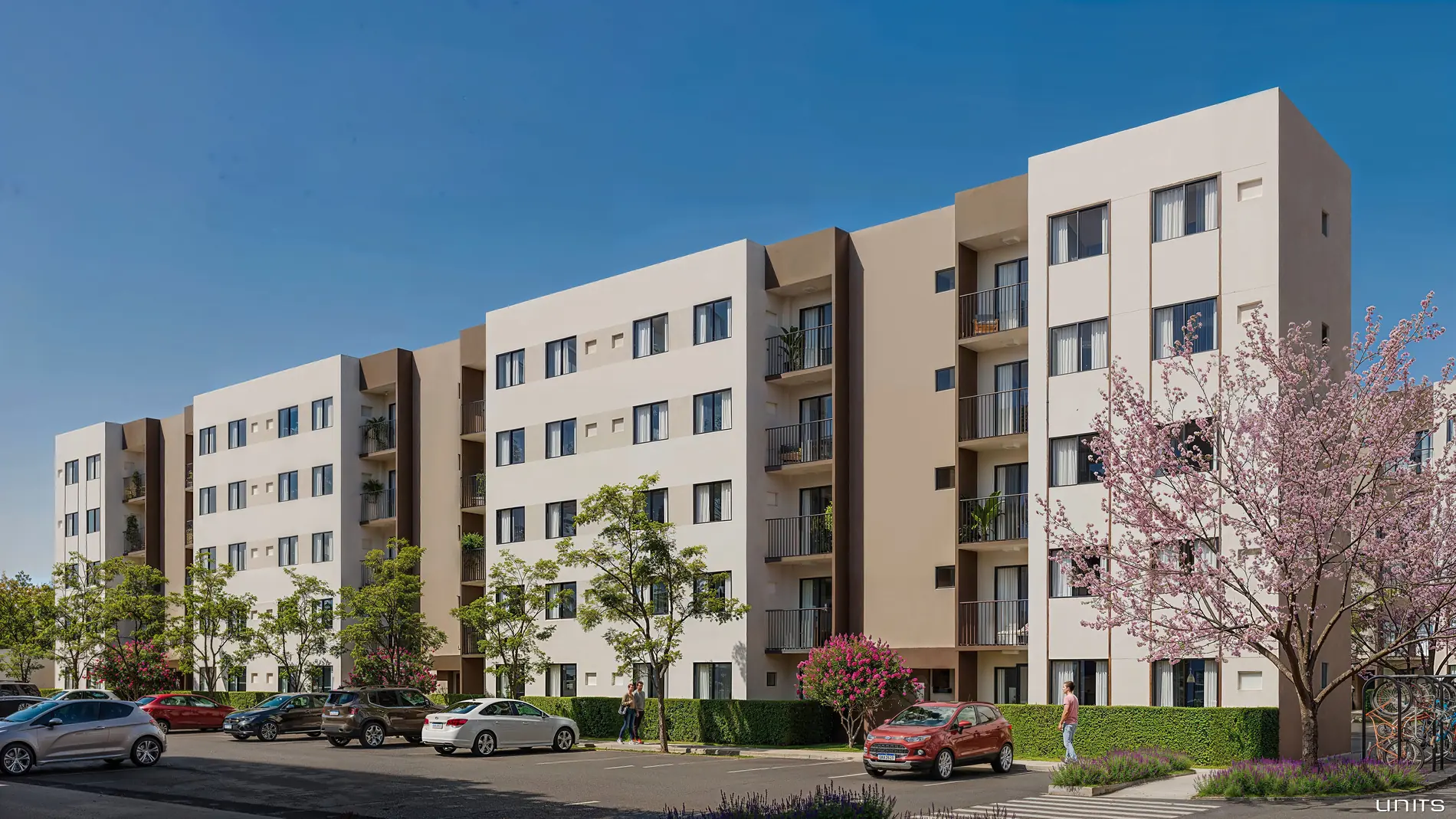 Fachada do Residencial Igaratá entre árvores, perspectiva ilustrada