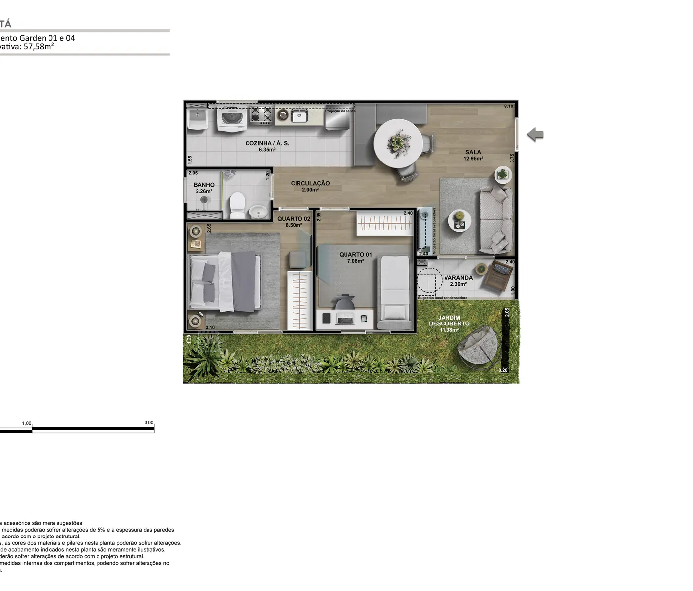 Planta humanizada do apartamento Garden 01 e 04, 2 quartos com varanda, 57,58 m²