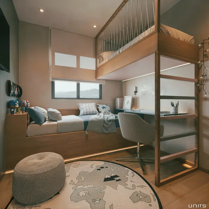 Quarto infantil do apartamento decorado, perspectiva ilustrada