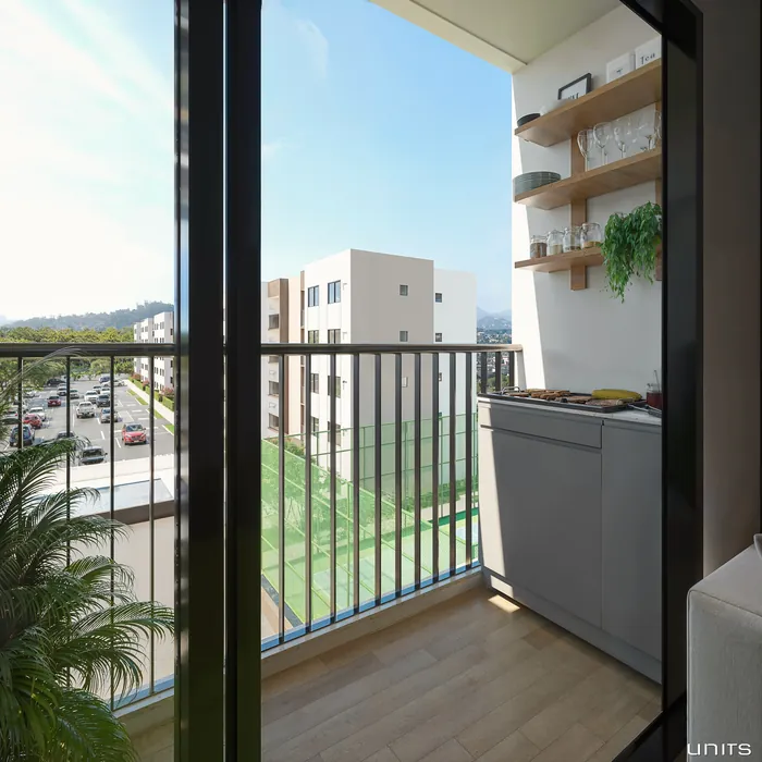 Varanda gourmet do apartamento decorado, perspectiva ilustrada